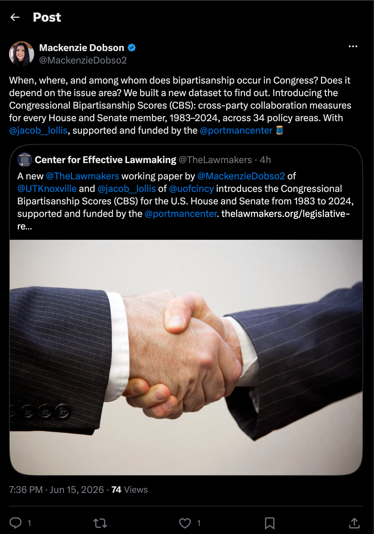 Screenshot of an X post by Mackenzie Dobson about the Congressional Bipartisanship Scores project.